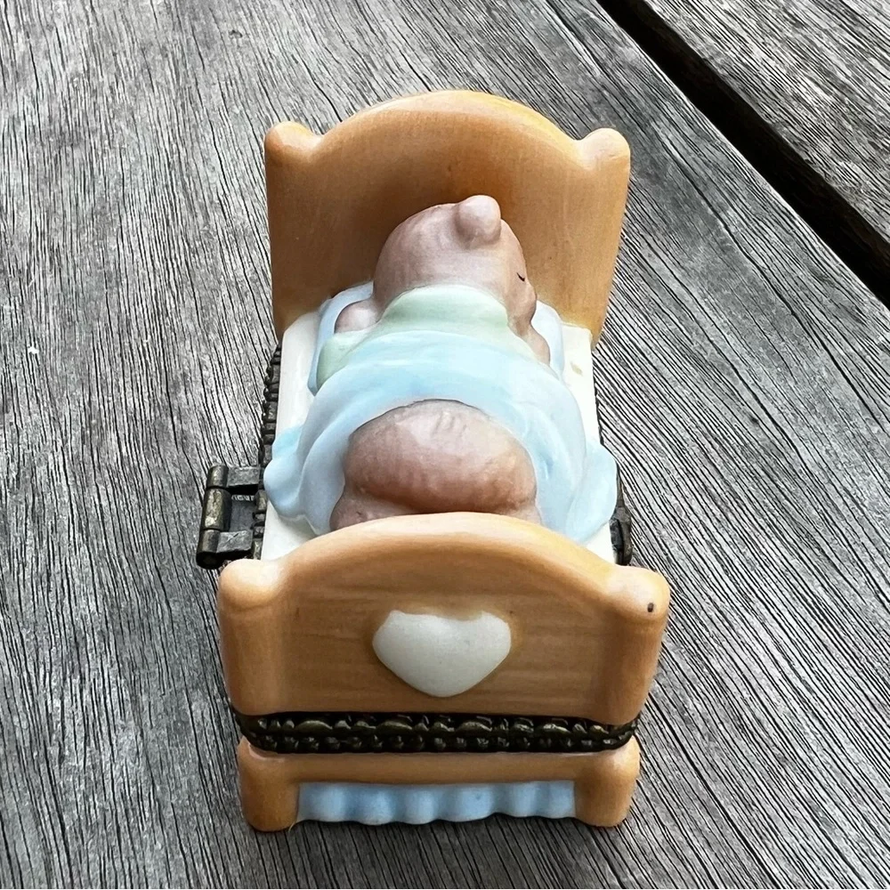 Sleeping Baby Bear Porcelain Hinged Keepsake Decorative Trinket Box Jewelry Box